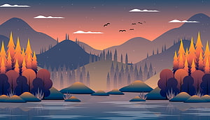 Minimalist Autumn Mountain Lake at Dusk with Pine Forest and Birds HD wallpaper