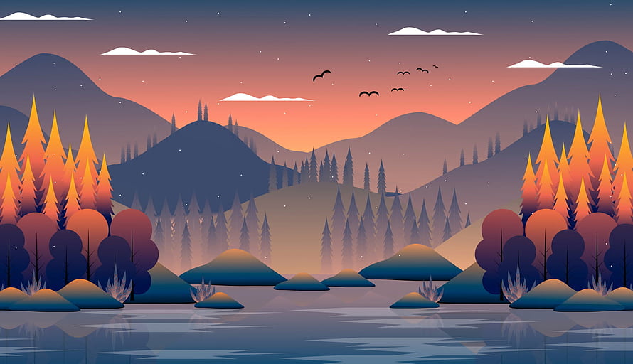 Minimalist Autumn Mountain Lake at Dusk with Pine Forest and Birds HD wallpaper