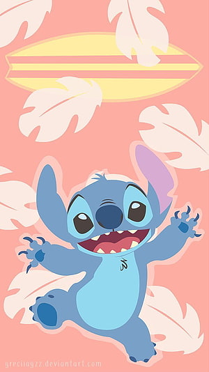 Stitch from Lilo and Stitch in a Tropical Setting with Monstera Leaves and a Surfboard HD phone wallpaper