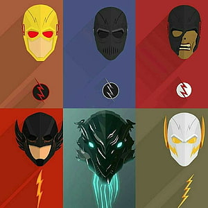 Six Flash Villain Masks Including Reverse Flash, Zoom, Black Flash, Savitar, and Godspeed HD phone wallpaper