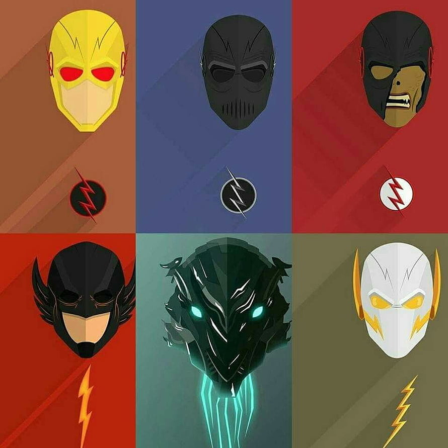 Six Flash Villain Masks Including Reverse Flash, Zoom, Black Flash, Savitar, and Godspeed HD phone wallpaper