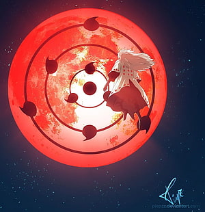 Madara Uchiha in the Infinite Tsukuyomi with a massive red moon and concentric seal rings HD phone wallpaper