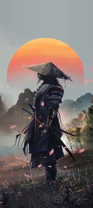 Lone Samurai Warrior in Straw Hat Against a Giant Orange Sunset HD phone wallpaper