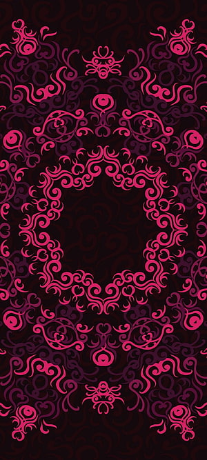 Elegant Pink and Black Ornamental Scrollwork Pattern with Symmetrical Floral Motifs HD phone wallpaper