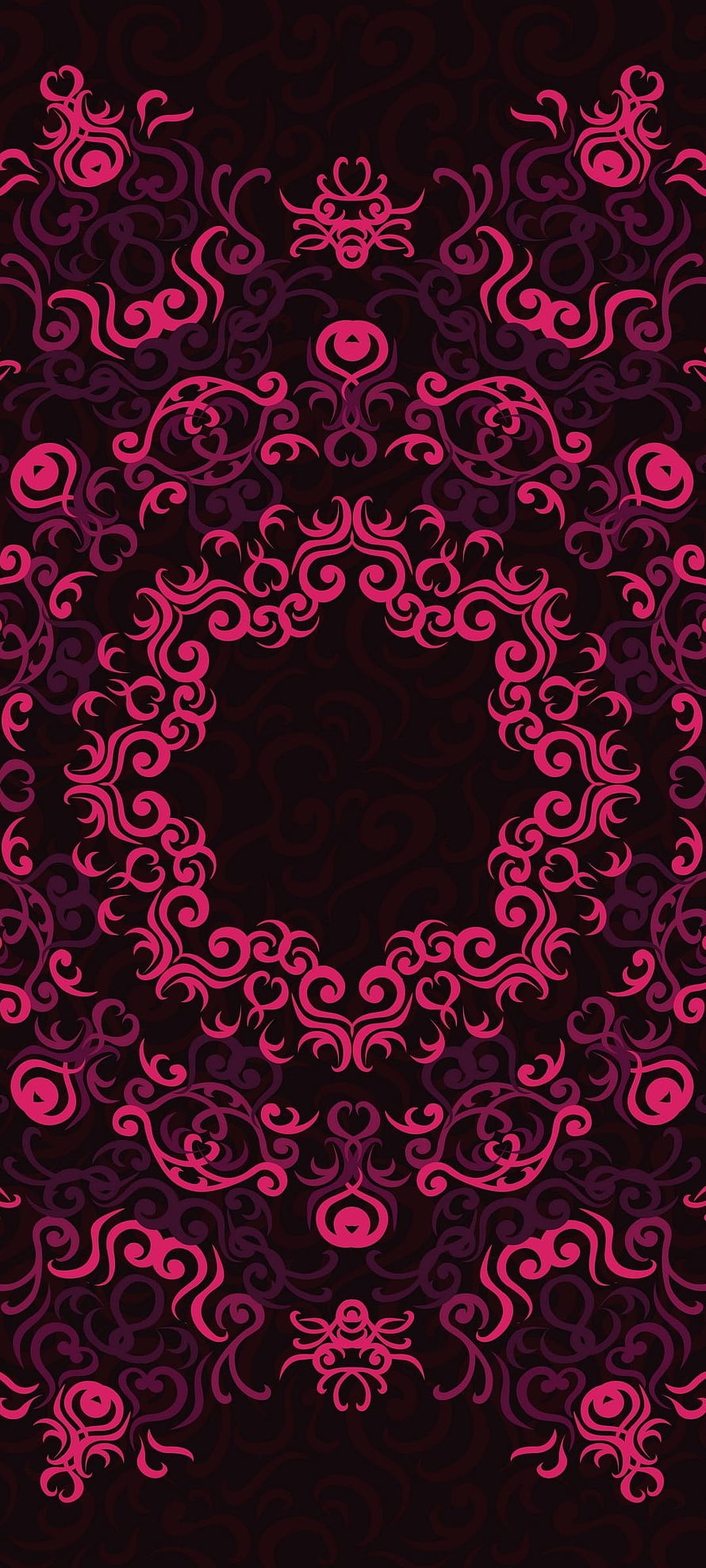 Elegant Pink and Black Ornamental Scrollwork Pattern with Symmetrical Floral Motifs HD phone wallpaper