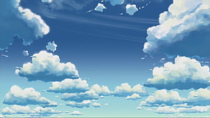 Anime Style Blue Sky With Fluffy White Clouds And Soft Summer Light HD wallpaper