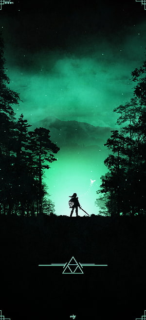 The Legend of Zelda Silhouette in a Glowing Green Forest at Night HD phone wallpaper