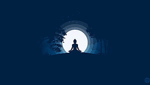 Silhouette of a Meditating Figure in Lotus Pose Against a Full Moon and Forest HD wallpaper