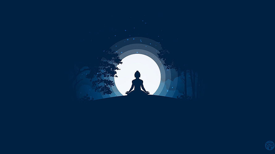 Silhouette of a Meditating Figure in Lotus Pose Against a Full Moon and Forest HD wallpaper