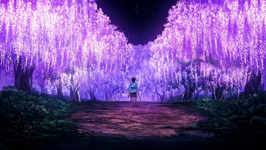 Tanjiro Standing in a Glowing Purple Wisteria Forest at Night in Demon Slayer HD wallpaper