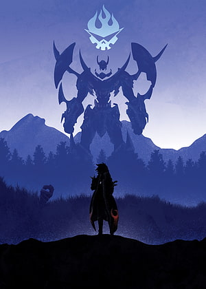 Gurren Lagann Simon Confronting the Giant Mecha Silhouette in a Dark Blue Landscape HD phone wallpaper