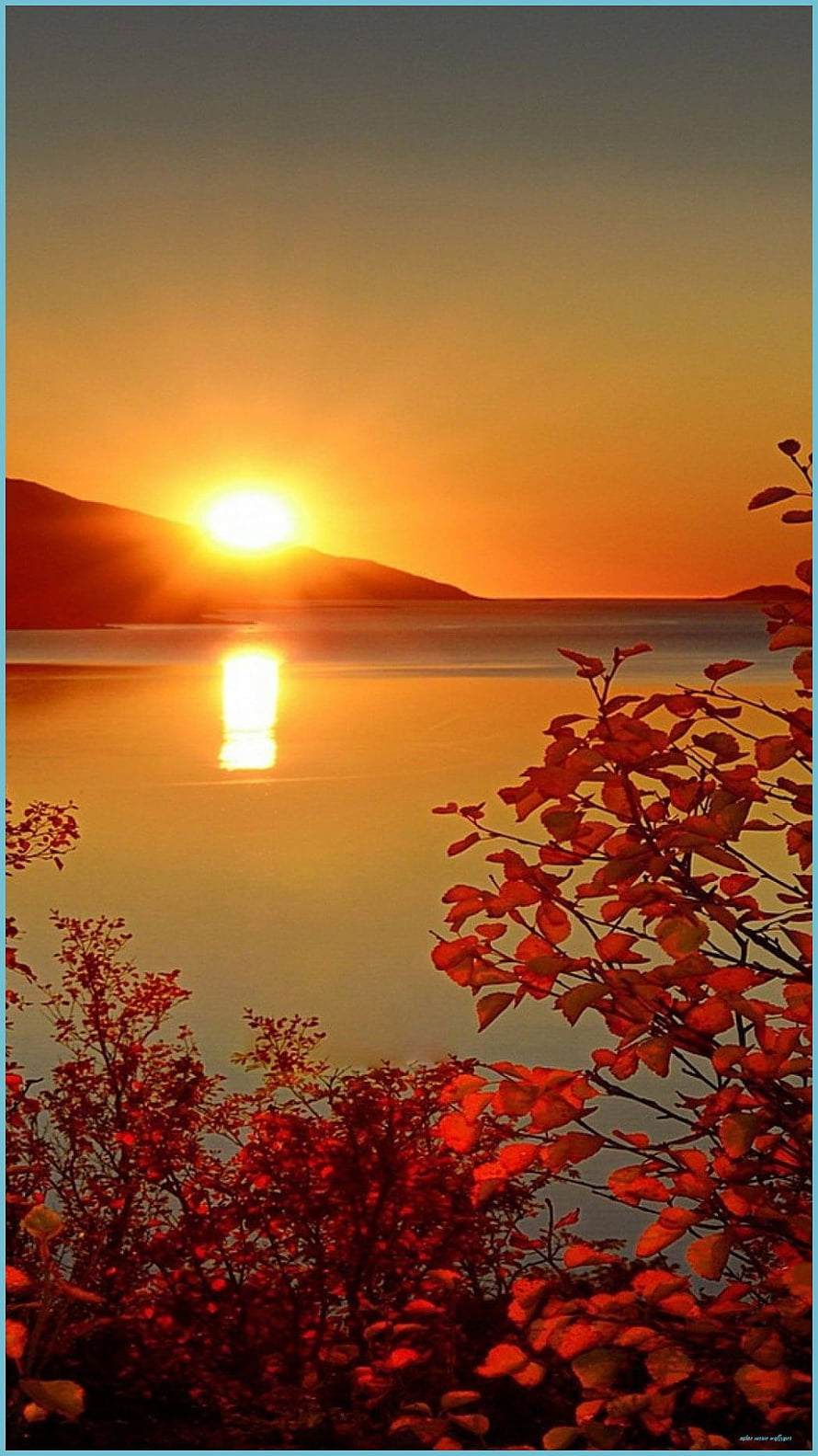 Golden Sunrise Over Calm Lake With Autumn Foliage And Distant Hills HD phone wallpaper