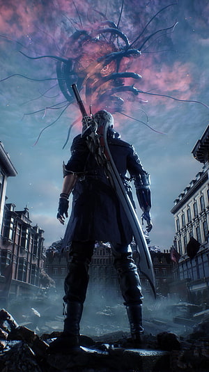 Vergil from Devil May Cry 5 Standing in a Ruined City with a Cosmic Entity HD phone wallpaper