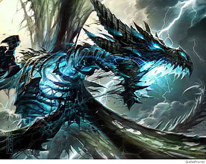Ethereal Blue Lightning Dragon Concept Art with Electric Storm and Dark Fantasy Style HD wallpaper