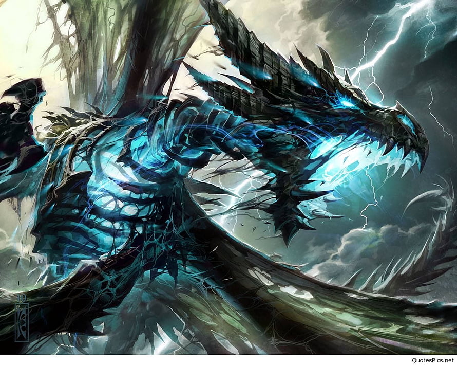 Ethereal Blue Lightning Dragon Concept Art with Electric Storm and Dark Fantasy Style HD wallpaper