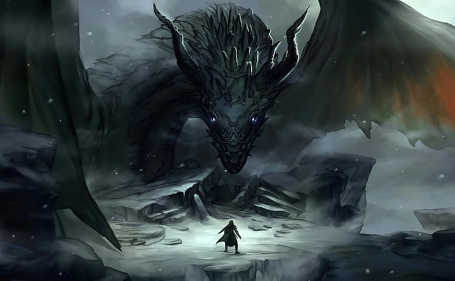 Epic Fantasy Dragon Confrontation with Lone Warrior in Snowy Landscape HD wallpaper