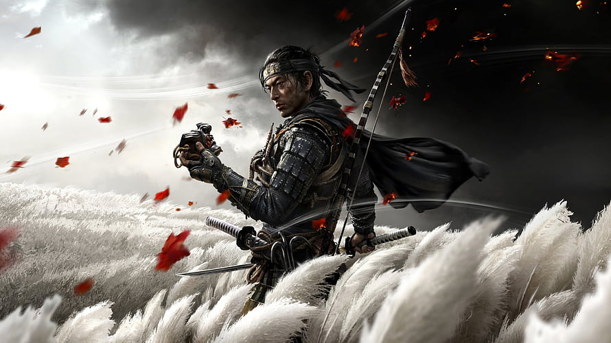 Ghost of Tsushima Samurai Warrior in Tall Grass with Red Leaves and Stormy Sky HD wallpaper