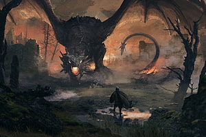Epic Fantasy Dragon Confronting a Lone Knight in a Ruined Landscape HD wallpaper