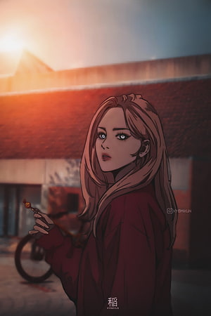 Shelly Manhwa Character Illustration with Cigarette at Sunset HD phone wallpaper
