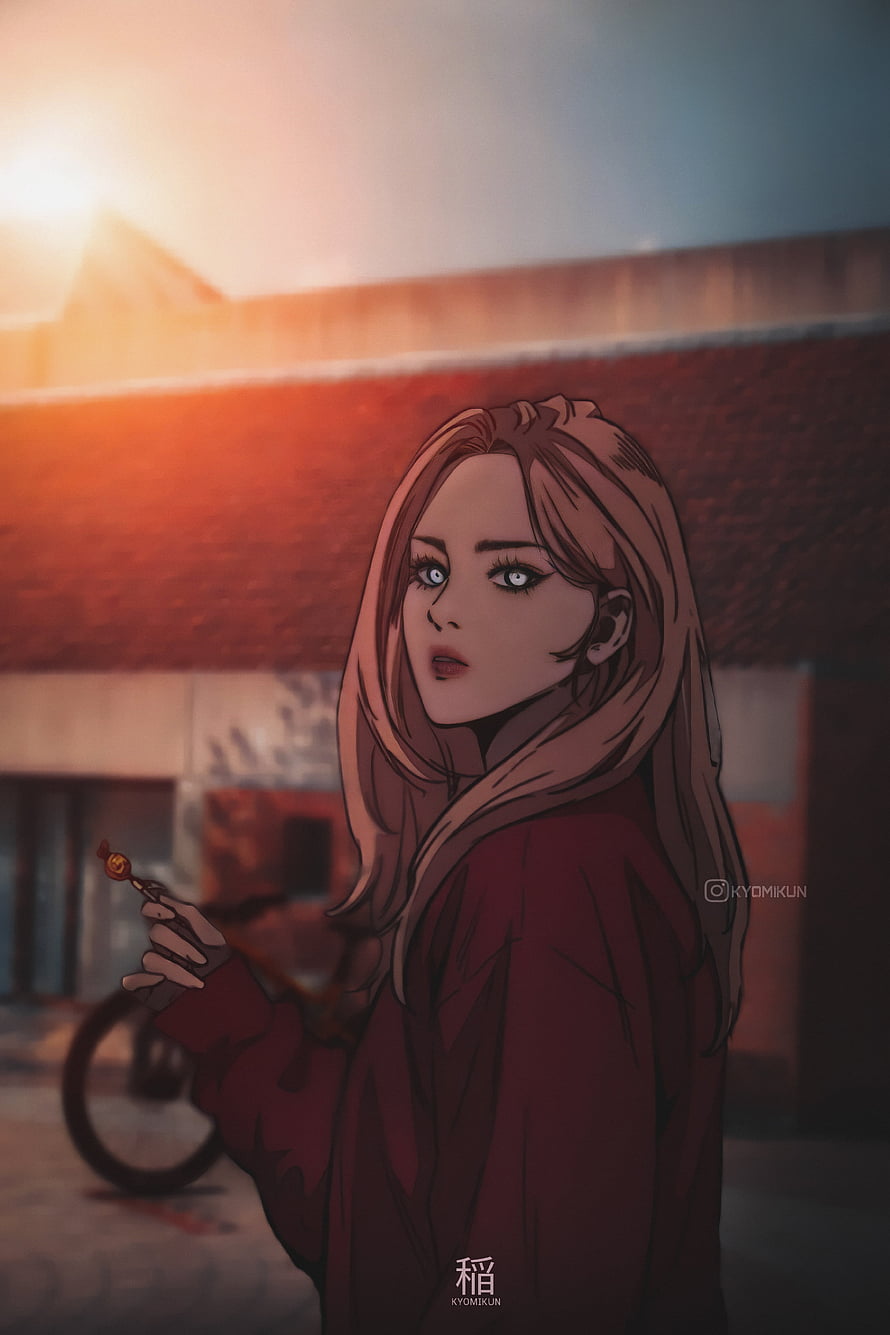 Shelly Manhwa Character Illustration with Cigarette at Sunset HD phone wallpaper