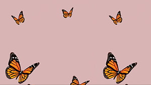 Monarch butterflies scattered across a soft dusty pink background HD wallpaper