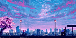 Retro 90s Anime Aesthetic Cityscape with Cherry Blossoms and Neon Sky HD wallpaper
