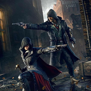 Evie and Jacob Frye Aiming Pistols in Victorian London Streets HD phone wallpaper