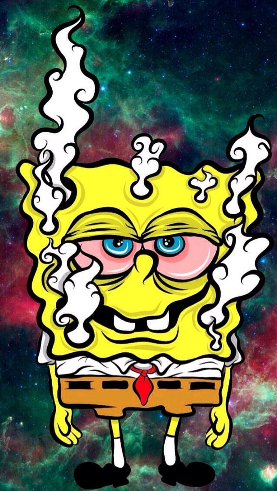 SpongeBob SquarePants with Smoke Effects Against a Cosmic Nebula Background HD phone wallpaper
