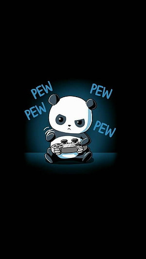 Cute Cartoon Panda Holding Game Controller with Pew Text on Dark Background HD phone wallpaper
