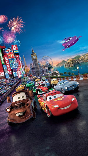 Cars 2 Animated Movie Poster Featuring Lightning McQueen and Mater at the Grand Prix with Fireworks and Global Landmarks HD phone wallpaper