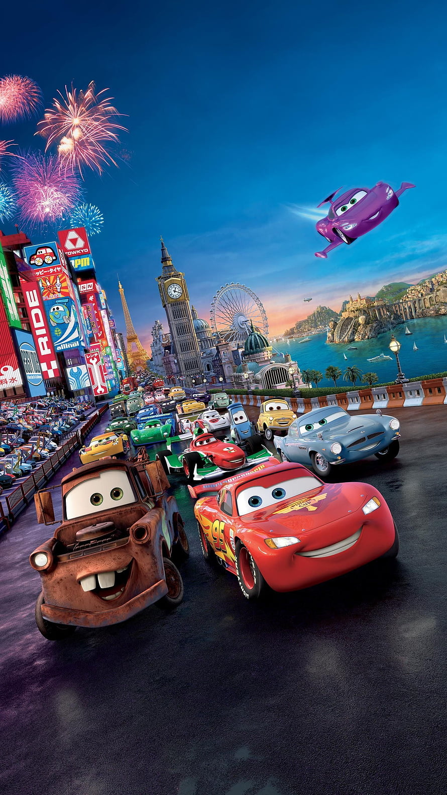 Cars 2 Animated Movie Poster Featuring Lightning McQueen and Mater at the Grand Prix with Fireworks and Global Landmarks HD phone wallpaper