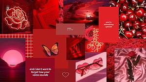 Red Aesthetic Collage Wallpaper Featuring Neon Rose, Cherries, Butterfly, and Romantic Text HD wallpaper
