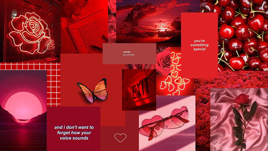 Red Aesthetic Collage Wallpaper Featuring Neon Rose, Cherries, Butterfly, and Romantic Text HD wallpaper