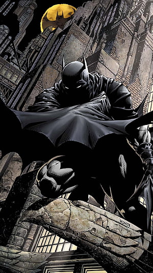 Batman Perched on Gargoyle in Dark Gotham Cityscape with Bat-Signal Moon, Dc Comics Full - Batman Comic Mobile - , Batman Funny HD phone wallpaper