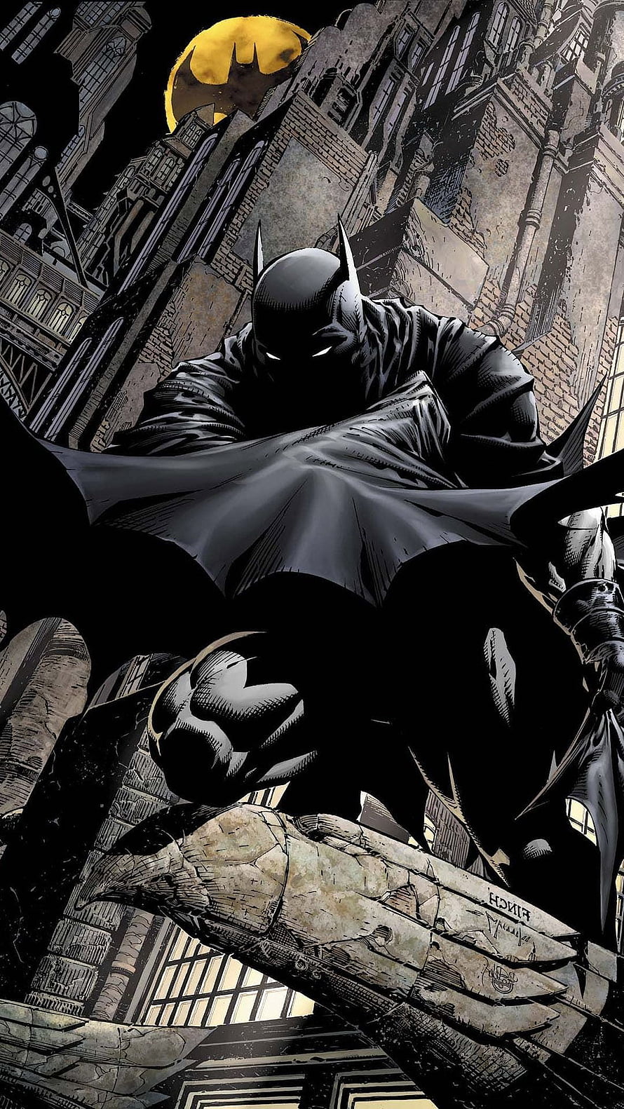 Batman Perched on Gargoyle in Dark Gotham Cityscape with Bat-Signal Moon, Dc Comics Full - Batman Comic Mobile - , Batman Funny HD phone wallpaper