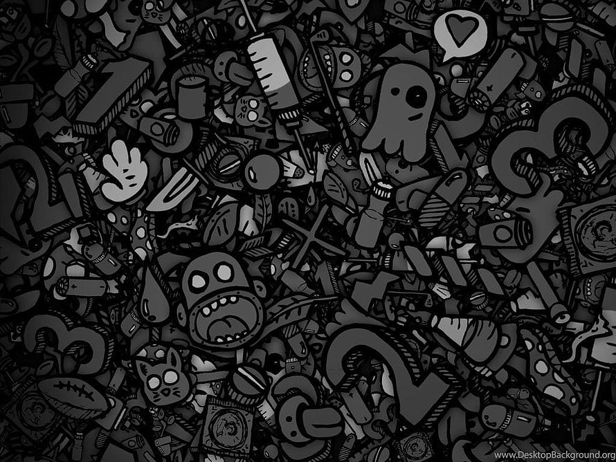 Dense Black and White Cartoon Doodle Pattern with Monsters and Objects HD wallpaper