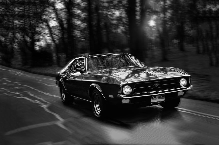 Classic Black Ford Mustang Cruising Through a Forest Road in Monochrome HD wallpaper