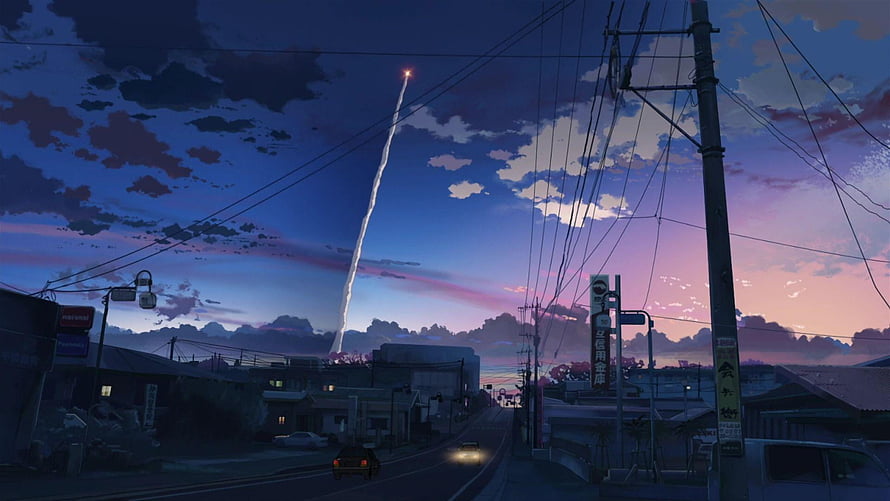 Anime Cityscape at Dusk with Meteor Streaking Across Twilight Sky HD wallpaper