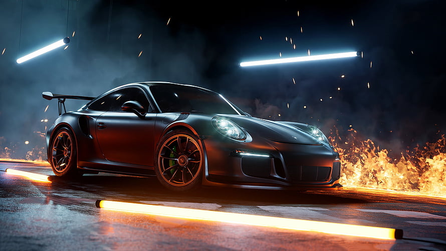 Matte Black Porsche 911 GT3 RS in Dramatic Fire and Neon Light Setting HD wallpaper