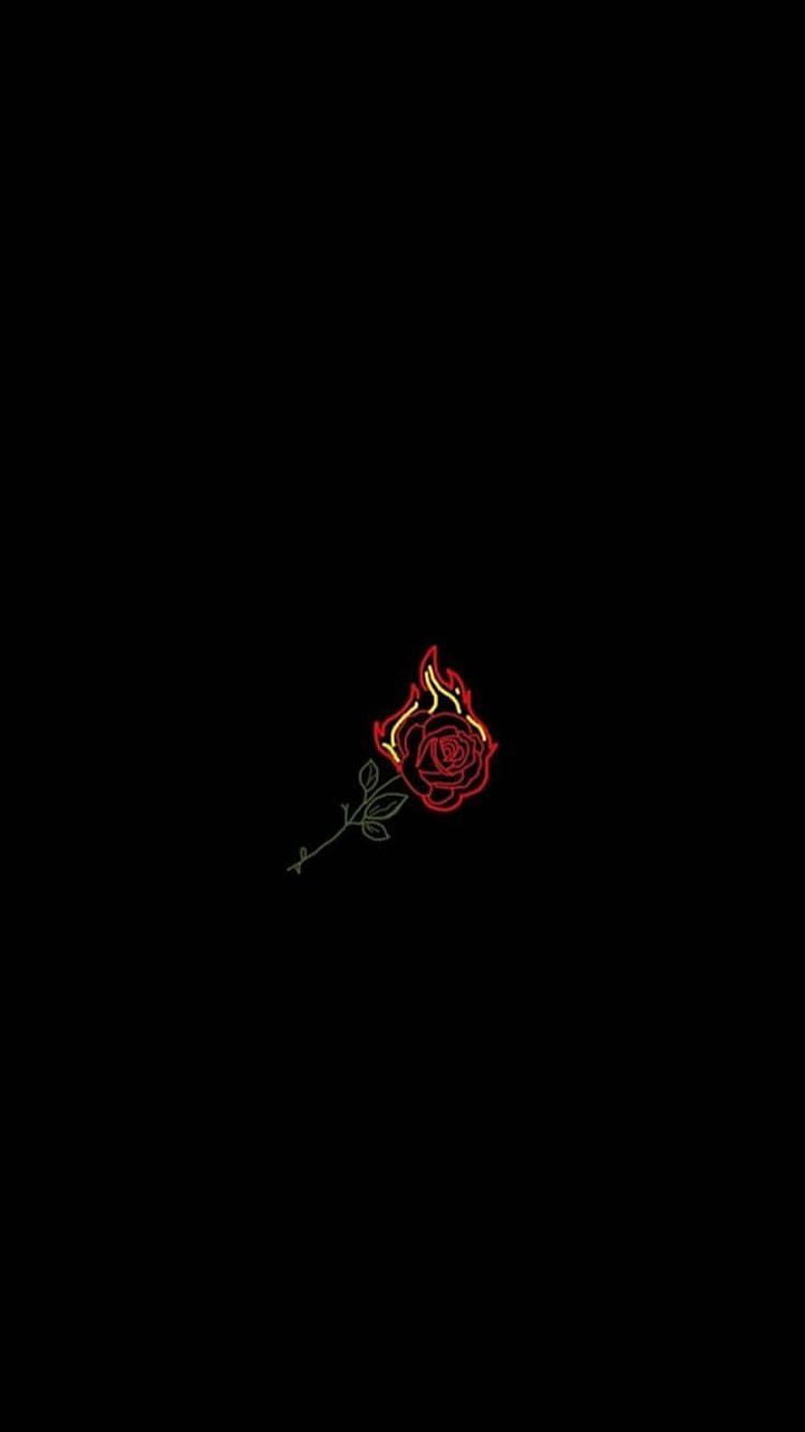 Minimalist neon rose with flame accents on a pure black background HD phone wallpaper