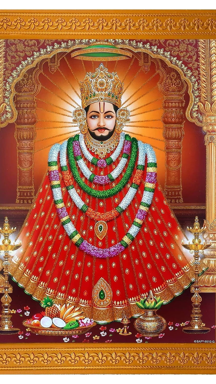 Khatu Shyam Devta Portrait in Red Attire with Floral Garlands and Temple Setting HD phone wallpaper
