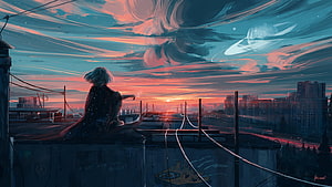 Anime Girl Sitting on Rooftop at Sunset with City Skyline and Swirling Clouds HD wallpaper