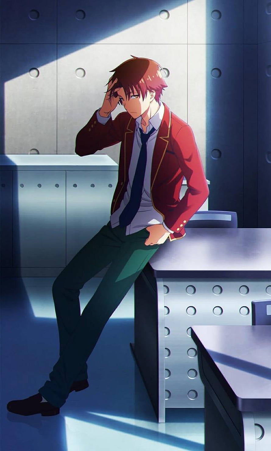 Ayanokoji Kiyotaka from Classroom of the Elite in a red blazer leaning against a desk in a modern classroom HD phone wallpaper