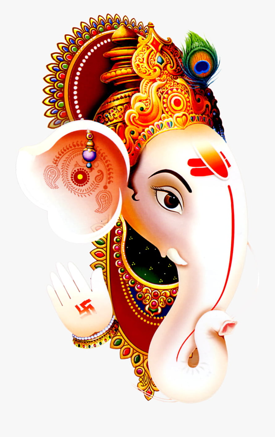 Ganesha Profile Illustration with Ornate Crown and Peacock Feather HD phone wallpaper