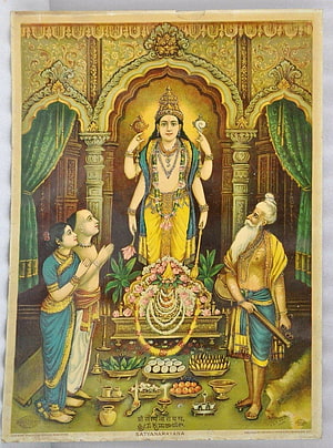 Raja Ravi Varma Style Painting of Satyanarayana Deity with Devotees and Ritual Offerings HD phone wallpaper