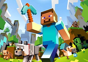 Minecraft Steve and Alex in Blocky World with Wolf and Creeper HD wallpaper