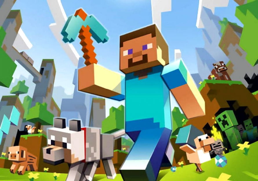 Minecraft Steve and Alex in Blocky World with Wolf and Creeper HD wallpaper