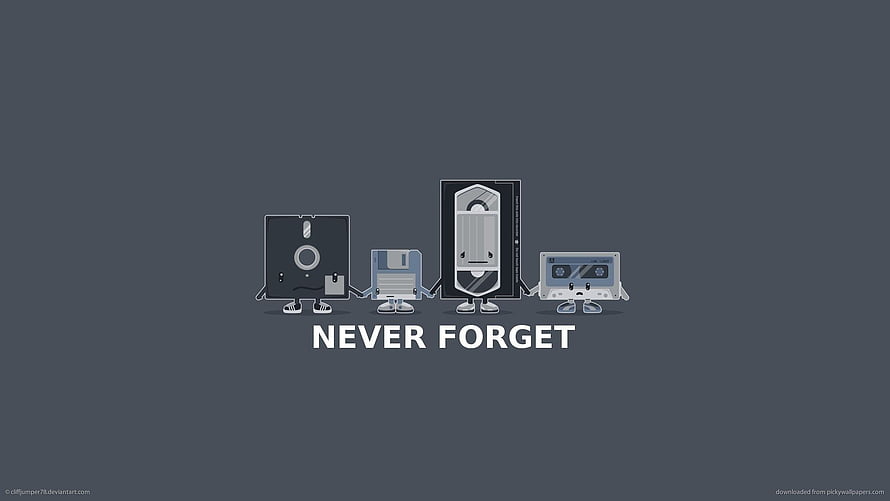 Cute Retro Storage Media Characters Holding Hands with Never Forget Text HD wallpaper