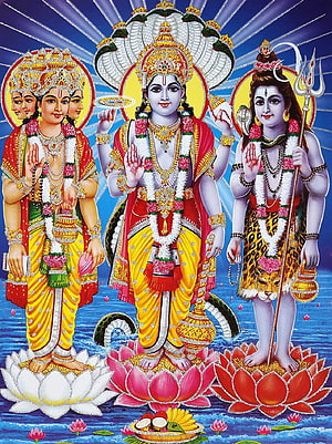 Brahma Vishnu Shiva Triad on Lotus Thrones with Divine Halos and Sacred Offerings HD phone wallpaper