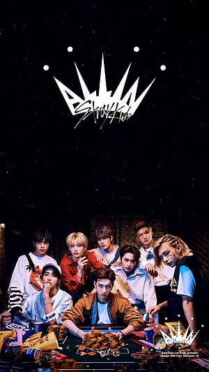 Stray Kids Group Photo at Casino Table with Poker Chips and Snacks HD phone wallpaper